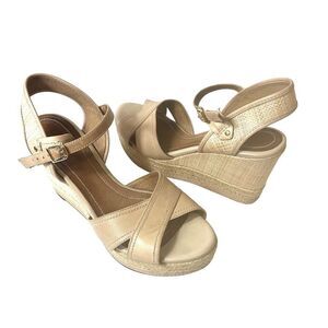 Clarks Indigo Rope Wedge Sandal Casual Women 10M Tan Leather Sling Back Open Toe